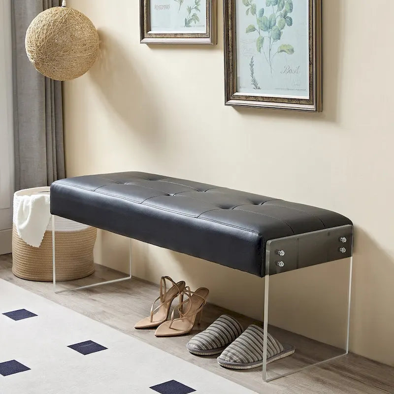 Upholstered Entryway Bench, Faux Leather Bedroom/Living Room Bench, Acrylic Base 44.7-inch