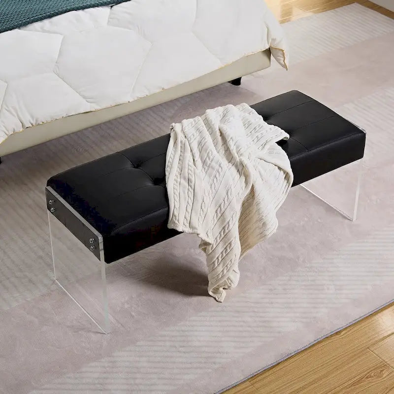 Upholstered Entryway Bench, Faux Leather Bedroom/Living Room Bench, Acrylic Base 44.7-inch
