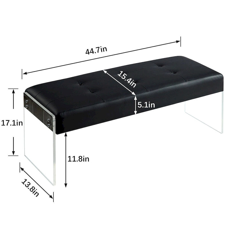 Upholstered Entryway Bench, Faux Leather Bedroom/Living Room Bench, Acrylic Base 44.7-inch