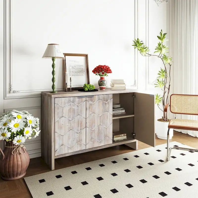 Farmhouse Style 3 Door Wooden Buffet Server Storage Cabinet