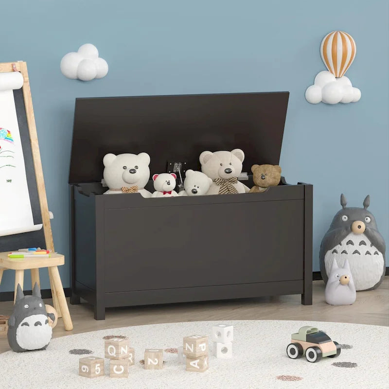 Kids Wooden Toy Box Storage with Safety Hinged Lid for Ages 3+