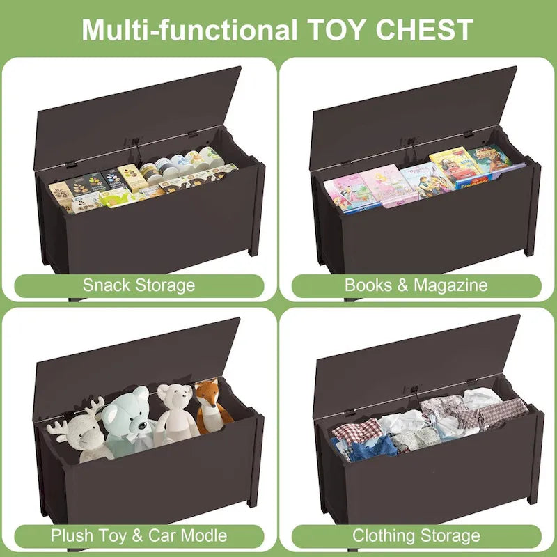 Kids Wooden Toy Box Storage with Safety Hinged Lid for Ages 3+