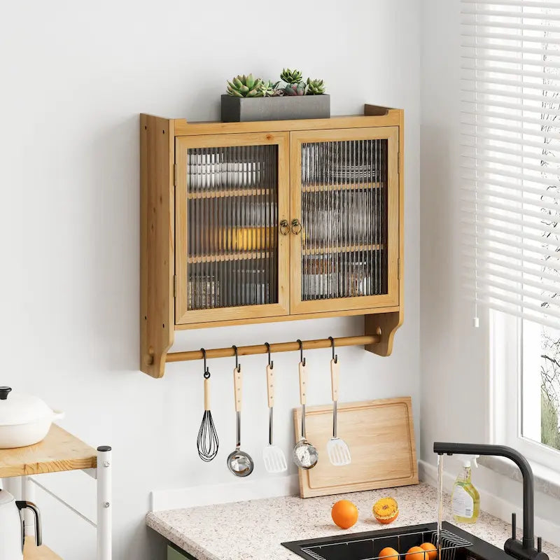 Glass Door Vintage Double Door Wall Cabinet with Towel Rack