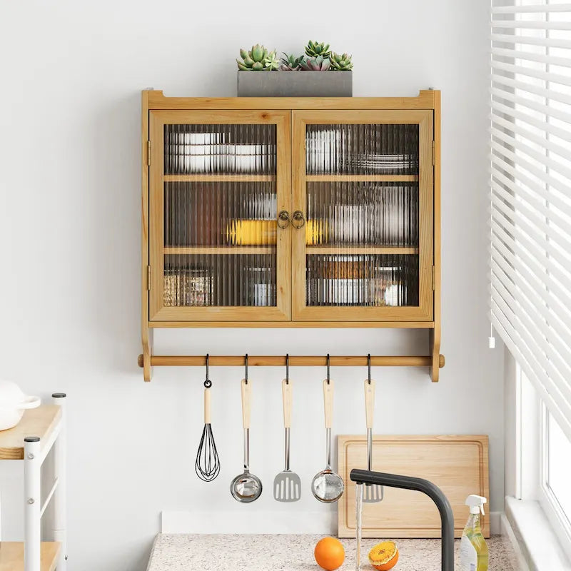 Glass Door Vintage Double Door Wall Cabinet with Towel Rack
