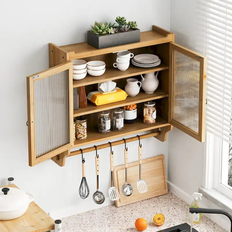 Glass Door Vintage Double Door Wall Cabinet with Towel Rack
