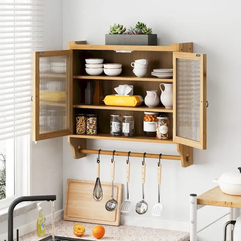Glass Door Vintage Double Door Wall Cabinet with Towel Rack