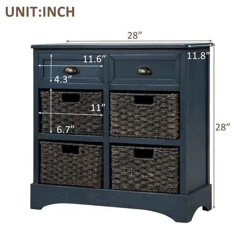 Rustic Storage Cabinet with Two Drawers and Four Classic Rattan Basket for Dining Room/Entryway/Living Room