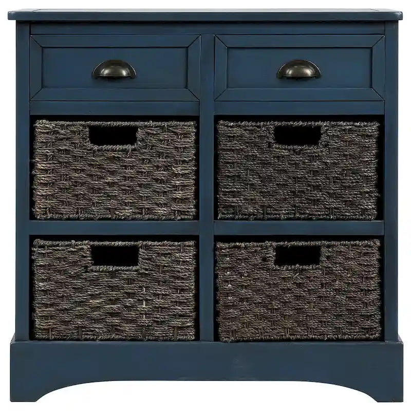 Rustic Storage Cabinet with Two Drawers and Four Classic Rattan Basket for Dining Room/Entryway/Living Room