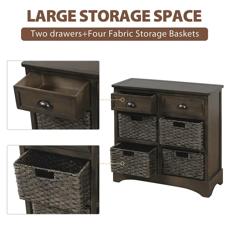 Rustic Storage Cabinet with Two Drawers and Four Classic Rattan Basket for Dining Room/Entryway/Living Room