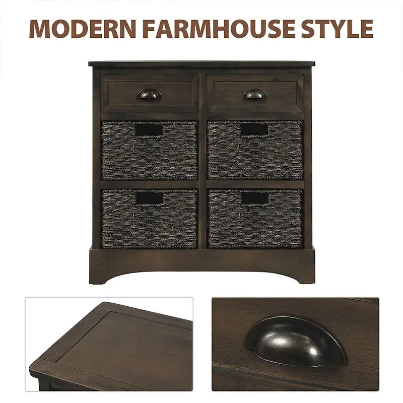 Rustic Storage Cabinet with Two Drawers and Four Classic Rattan Basket for Dining Room/Entryway/Living Room