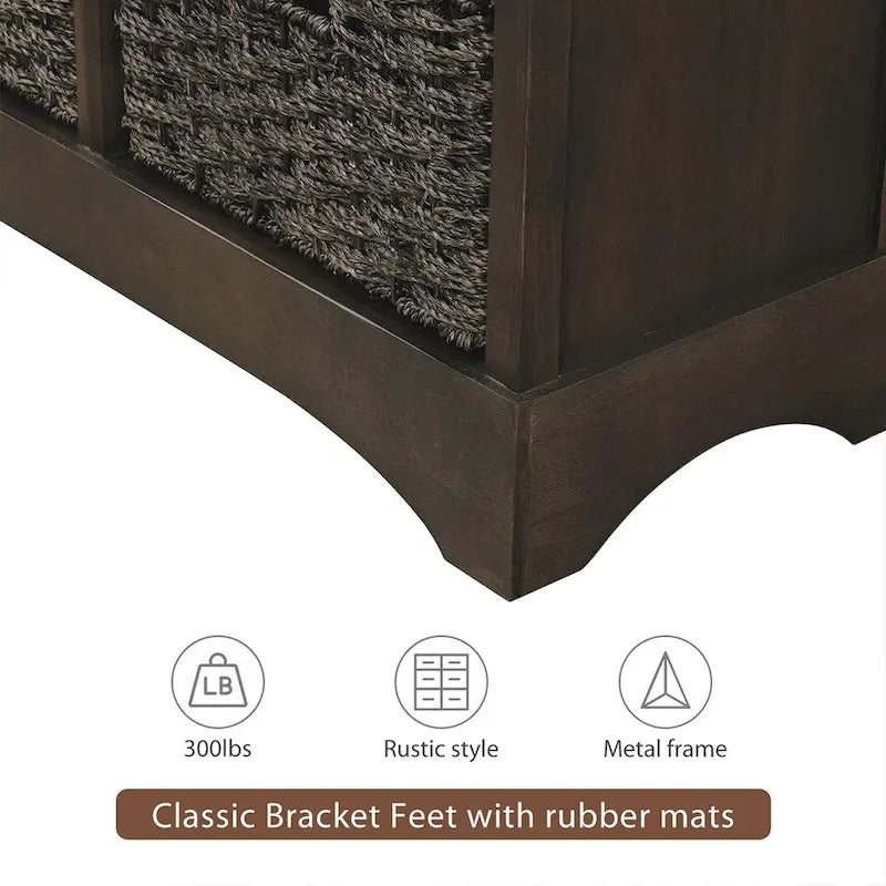 Rustic Storage Cabinet with Two Drawers and Four Classic Rattan Basket for Dining Room/Entryway/Living Room