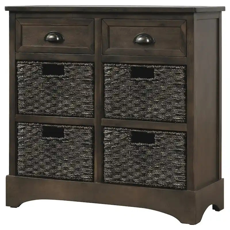 Rustic Storage Cabinet with Two Drawers and Four Classic Rattan Basket for Dining Room/Entryway/Living Room