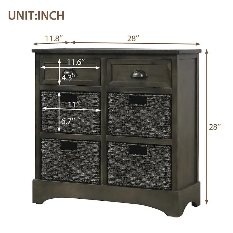 Rustic Storage Cabinet with Two Drawers and Four Classic Rattan Basket for Dining Room/Entryway/Living Room