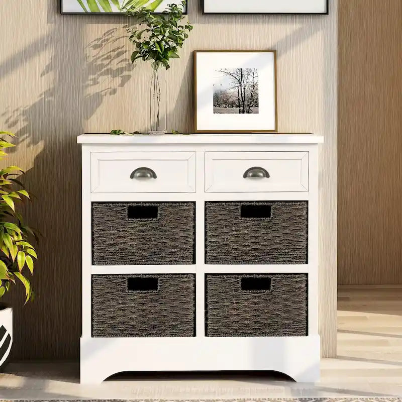 Rustic Storage Cabinet with Two Drawers and Four Classic Rattan Basket for Dining Room/Entryway/Living Room
