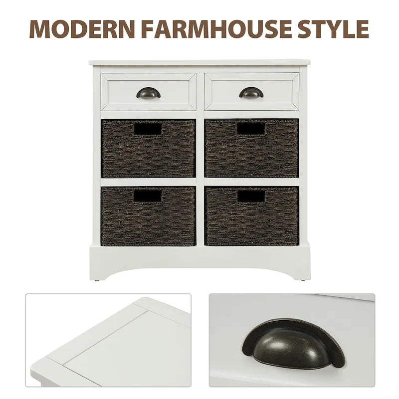 Rustic Storage Cabinet with Two Drawers and Four Classic Rattan Basket for Dining Room/Entryway/Living Room