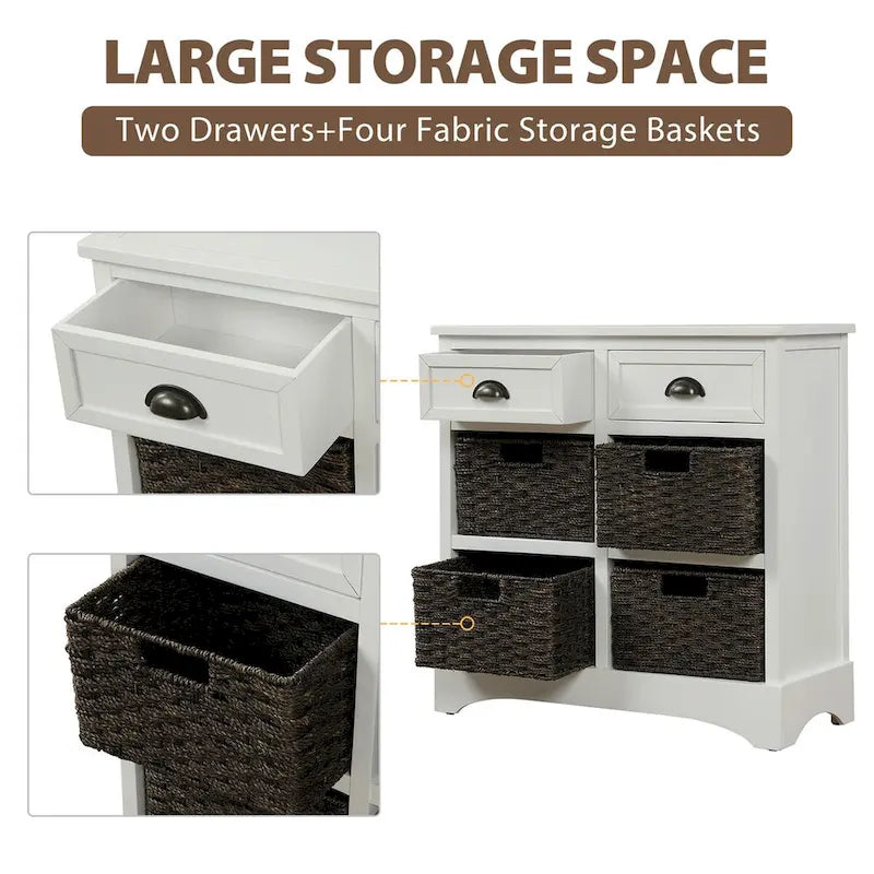 Rustic Storage Cabinet with Two Drawers and Four Classic Rattan Basket for Dining Room/Entryway/Living Room