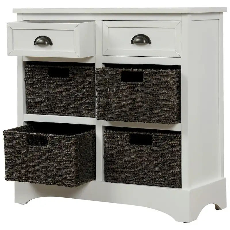 Rustic Storage Cabinet with Two Drawers and Four Classic Rattan Basket for Dining Room/Entryway/Living Room