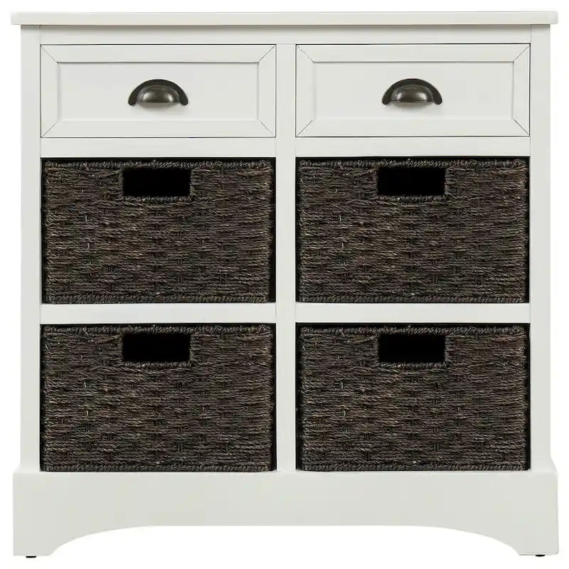 Rustic Storage Cabinet with Two Drawers and Four Classic Rattan Basket for Dining Room/Entryway/Living Room