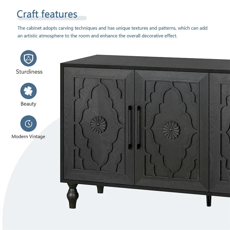 Carved Flower Door Large Storage Cabinet With Metal Handle