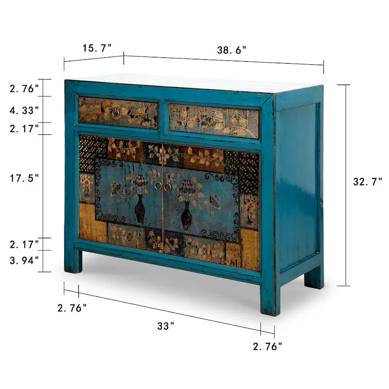 Floral Cabinet Antique Indigo With Two Drawers 38X16X33H - 16 L x 38.5 W x 33 H
