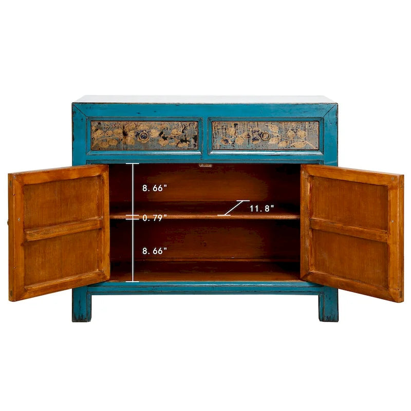 Floral Cabinet Antique Indigo With Two Drawers 38X16X33H - 16 L x 38.5 W x 33 H