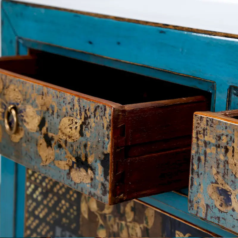 Floral Cabinet Antique Indigo With Two Drawers 38X16X33H - 16 L x 38.5 W x 33 H