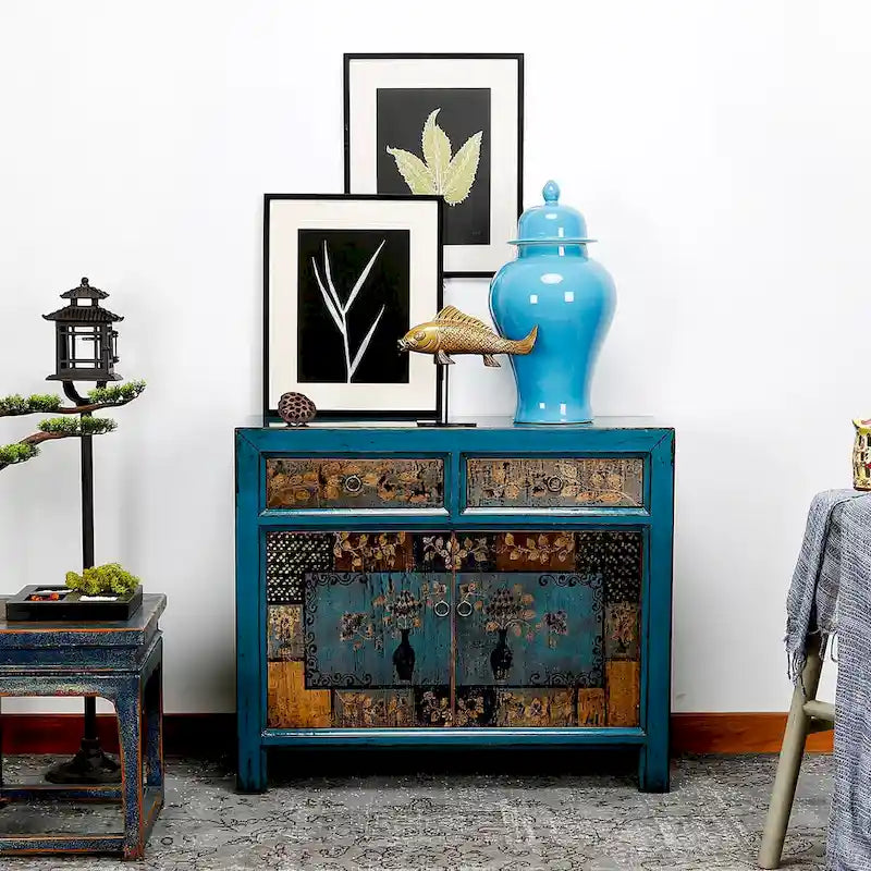Floral Cabinet Antique Indigo With Two Drawers 38X16X33H - 16 L x 38.5 W x 33 H