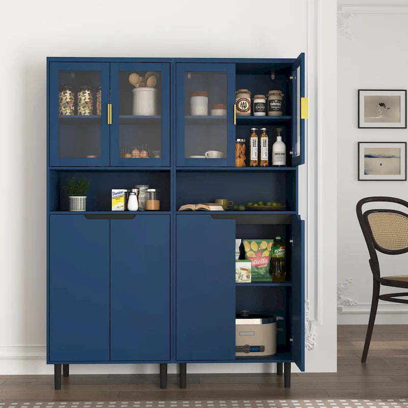 Tall Storage Show Cabinet with 2 Glass Display Door & 2 Doors, Tall Kitchen Pantry Cabinet with Gold Handles