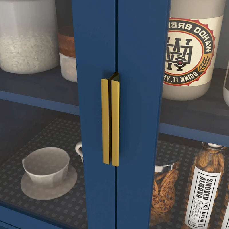 Tall Storage Show Cabinet with 2 Glass Display Door & 2 Doors, Tall Kitchen Pantry Cabinet with Gold Handles