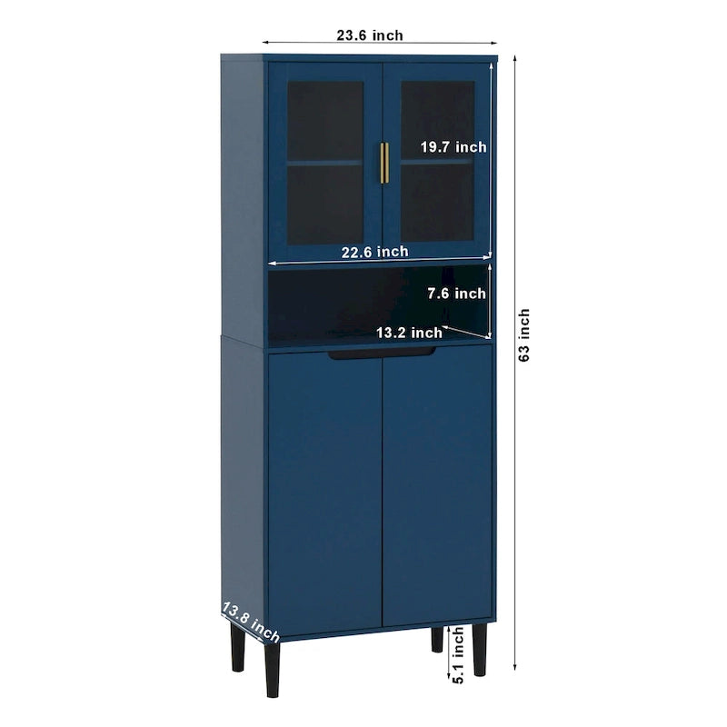Tall Storage Show Cabinet with 2 Glass Display Door & 2 Doors, Tall Kitchen Pantry Cabinet with Gold Handles