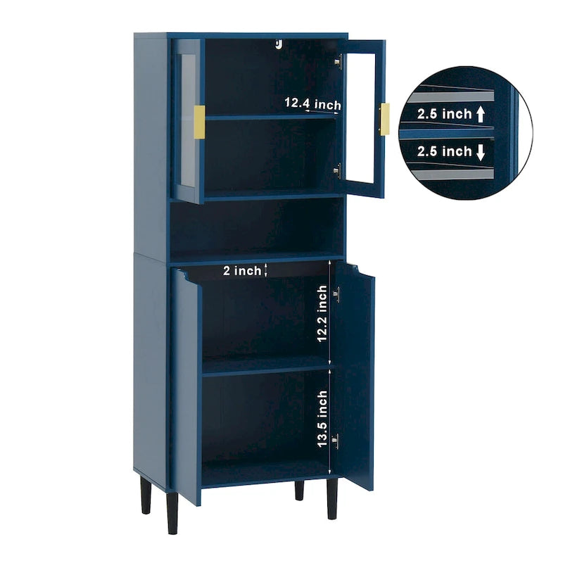 Tall Storage Show Cabinet with 2 Glass Display Door & 2 Doors, Tall Kitchen Pantry Cabinet with Gold Handles