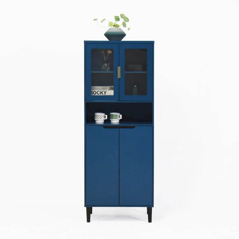 Tall Storage Show Cabinet with 2 Glass Display Door & 2 Doors, Tall Kitchen Pantry Cabinet with Gold Handles