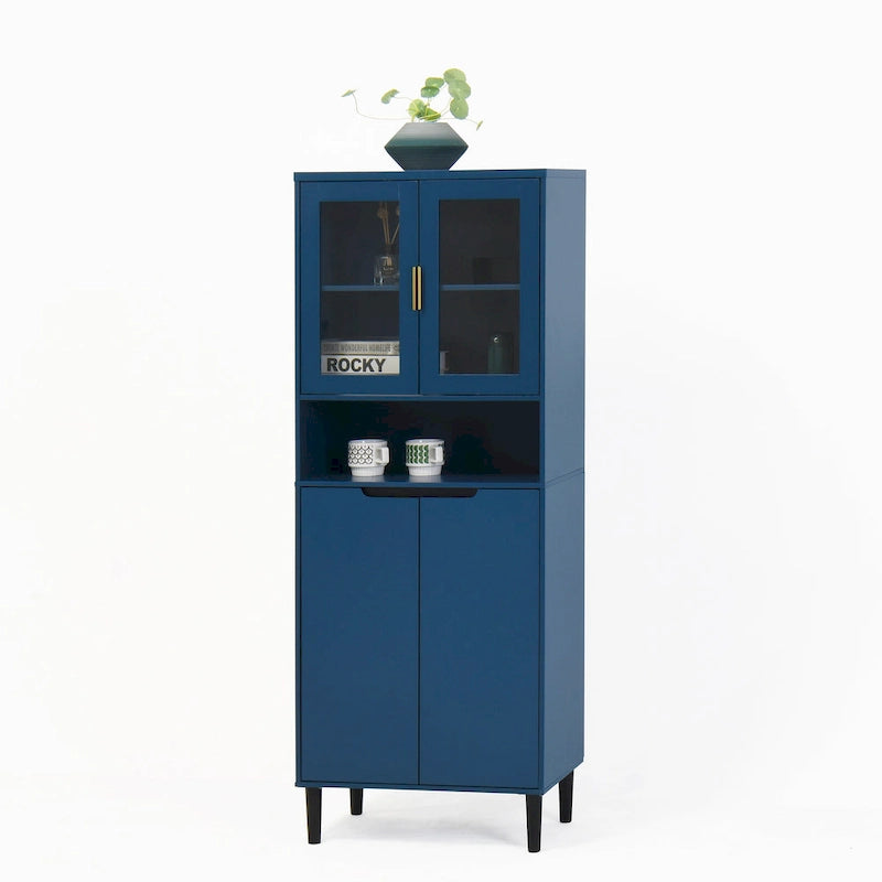 Tall Storage Show Cabinet with 2 Glass Display Door & 2 Doors, Tall Kitchen Pantry Cabinet with Gold Handles