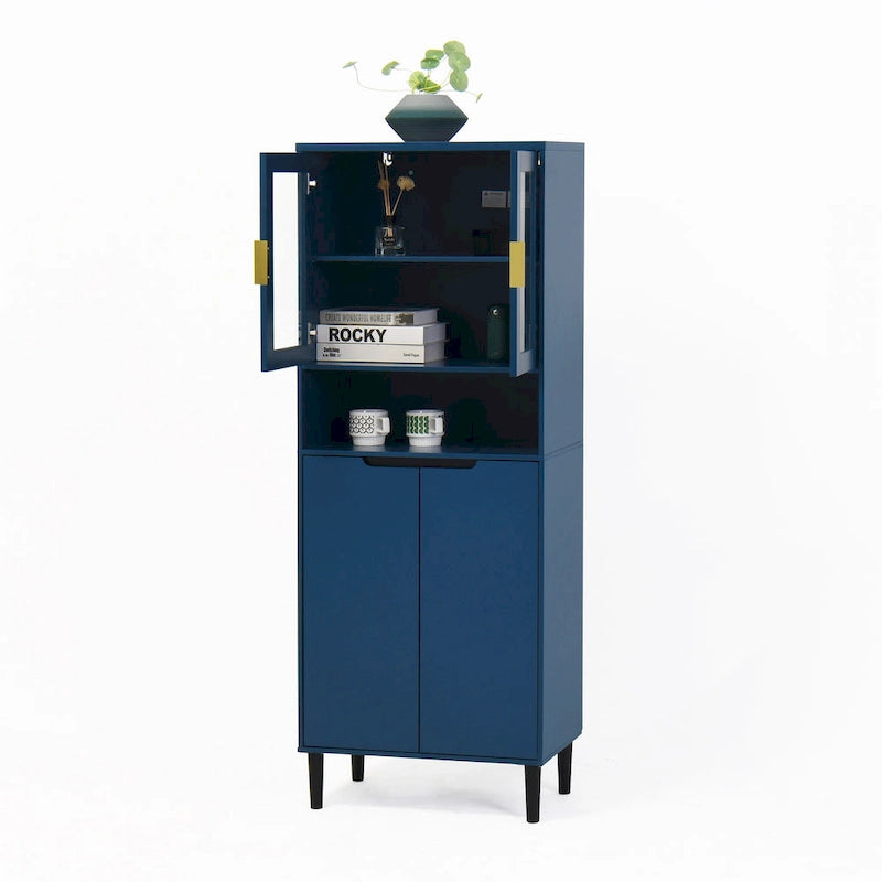 Tall Storage Show Cabinet with 2 Glass Display Door & 2 Doors, Tall Kitchen Pantry Cabinet with Gold Handles