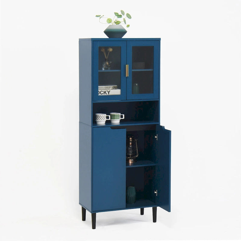 Tall Storage Show Cabinet with 2 Glass Display Door & 2 Doors, Tall Kitchen Pantry Cabinet with Gold Handles
