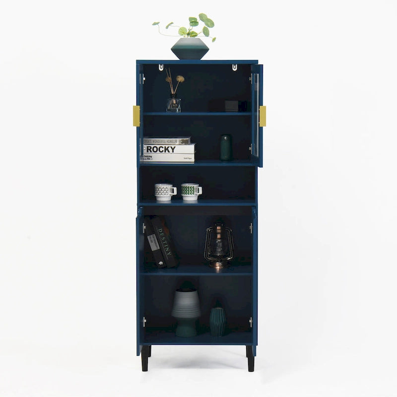 Tall Storage Show Cabinet with 2 Glass Display Door & 2 Doors, Tall Kitchen Pantry Cabinet with Gold Handles