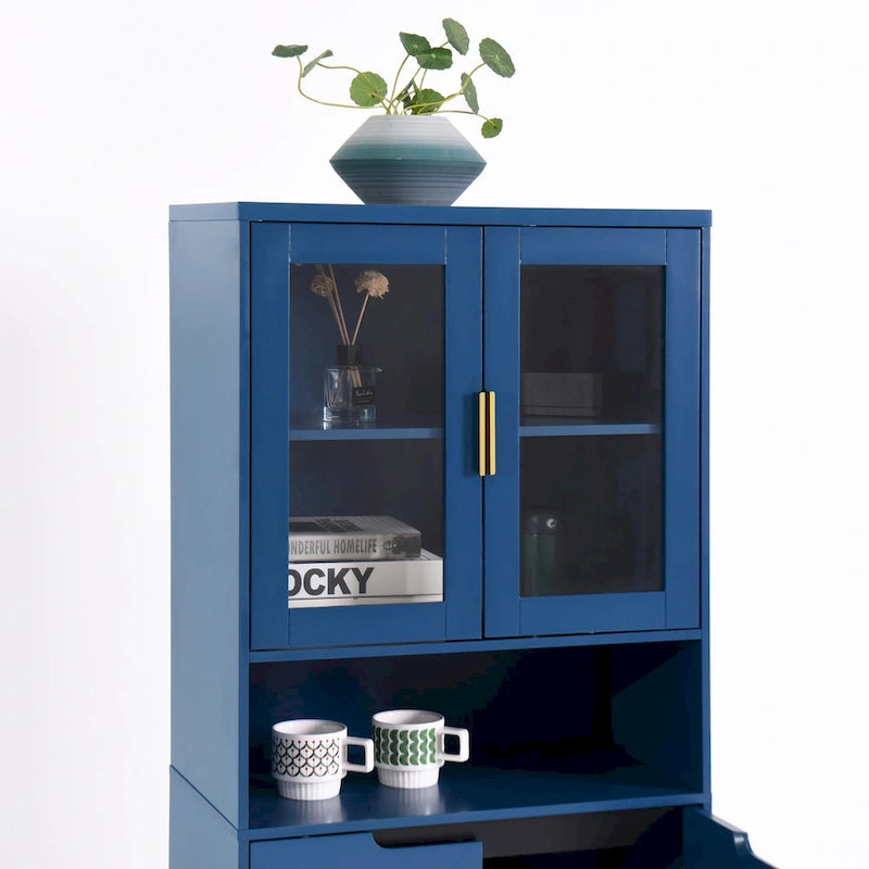Tall Storage Show Cabinet with 2 Glass Display Door & 2 Doors, Tall Kitchen Pantry Cabinet with Gold Handles