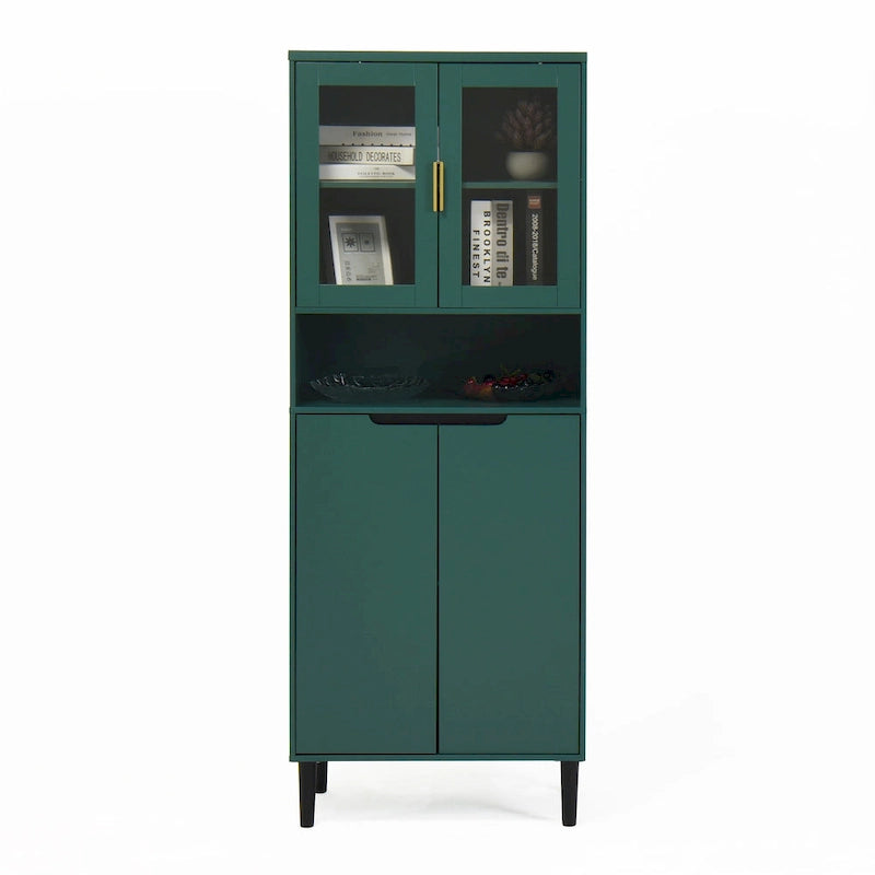 Tall Storage Show Cabinet with 2 Glass Display Door & 2 Doors, Tall Kitchen Pantry Cabinet with Gold Handles