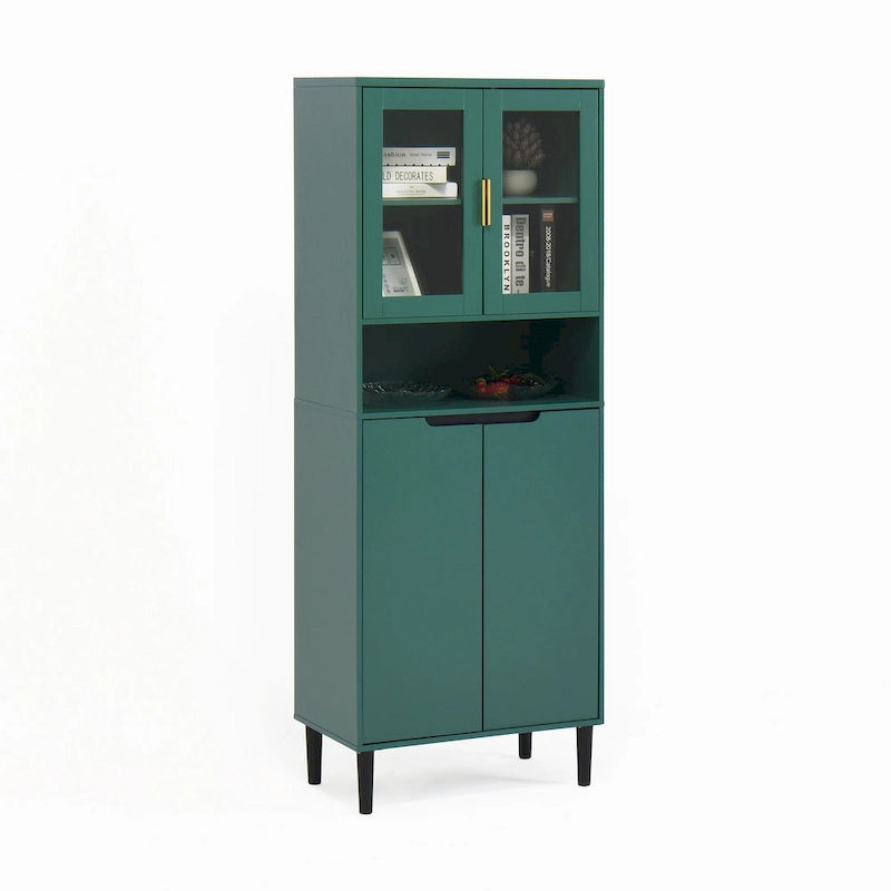 Tall Storage Show Cabinet with 2 Glass Display Door & 2 Doors, Tall Kitchen Pantry Cabinet with Gold Handles