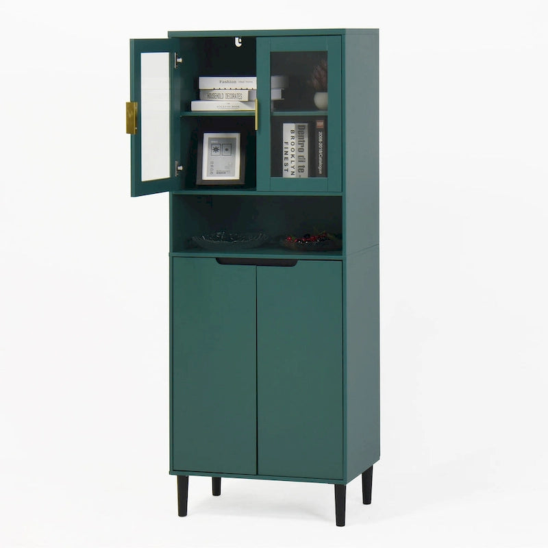 Tall Storage Show Cabinet with 2 Glass Display Door & 2 Doors, Tall Kitchen Pantry Cabinet with Gold Handles