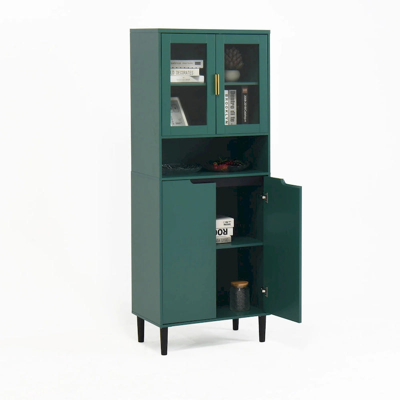 Tall Storage Show Cabinet with 2 Glass Display Door & 2 Doors, Tall Kitchen Pantry Cabinet with Gold Handles