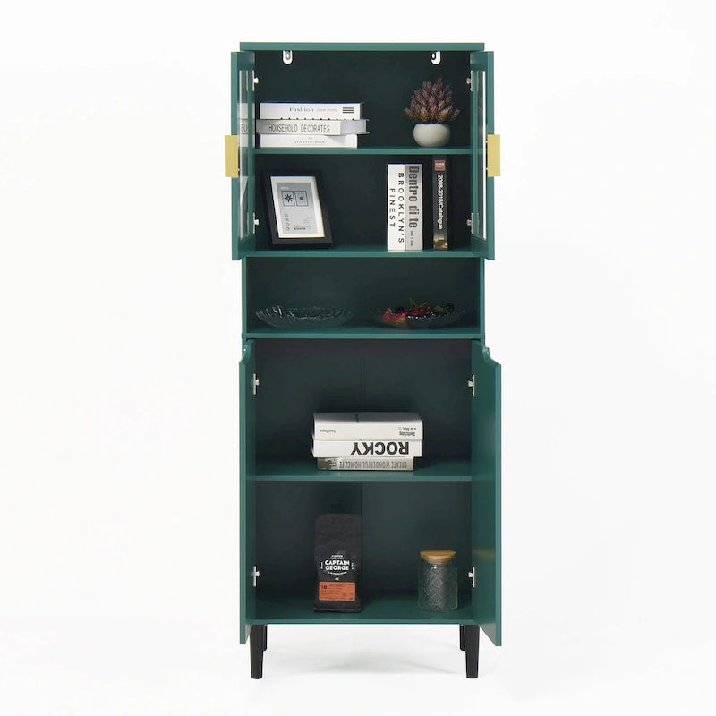 Tall Storage Show Cabinet with 2 Glass Display Door & 2 Doors, Tall Kitchen Pantry Cabinet with Gold Handles