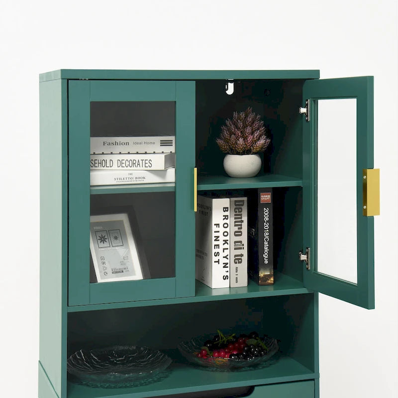 Tall Storage Show Cabinet with 2 Glass Display Door & 2 Doors, Tall Kitchen Pantry Cabinet with Gold Handles