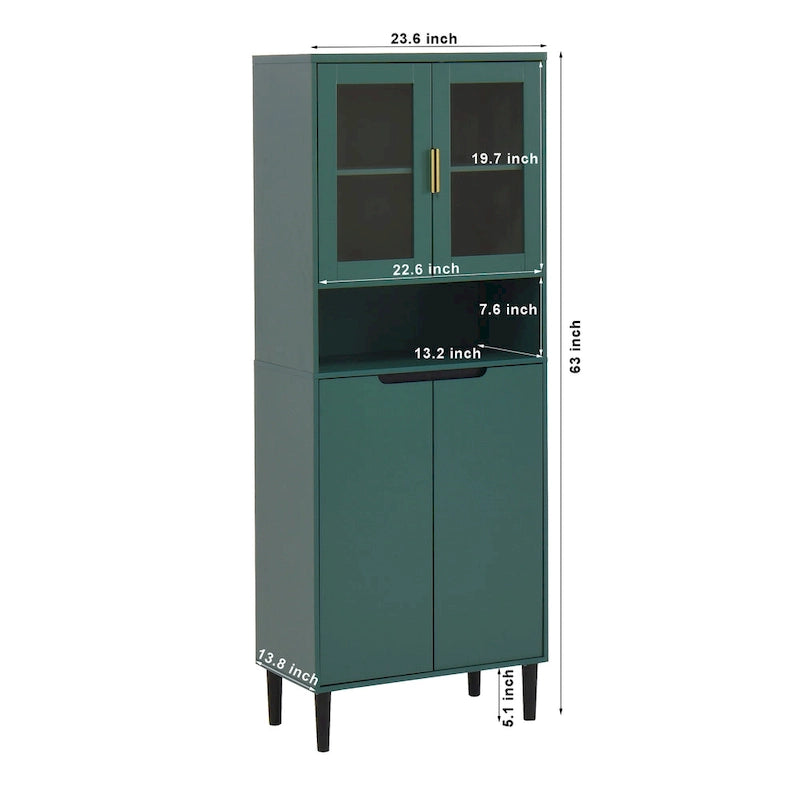 Tall Storage Show Cabinet with 2 Glass Display Door & 2 Doors, Tall Kitchen Pantry Cabinet with Gold Handles