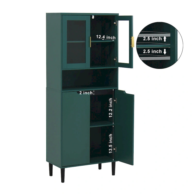 Tall Storage Show Cabinet with 2 Glass Display Door & 2 Doors, Tall Kitchen Pantry Cabinet with Gold Handles