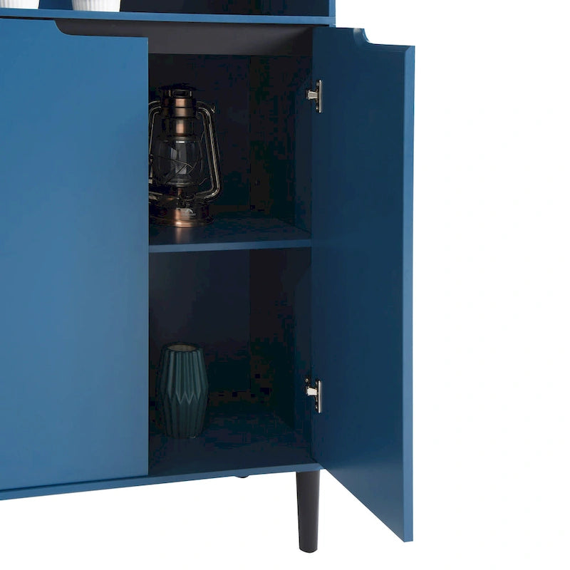 Tall Storage Show Cabinet with 2 Glass Display Door & 2 Doors, Tall Kitchen Pantry Cabinet with Gold Handles