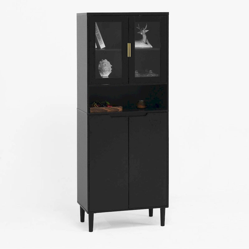 Tall Storage Show Cabinet with 2 Glass Display Door & 2 Doors, Tall Kitchen Pantry Cabinet with Gold Handles