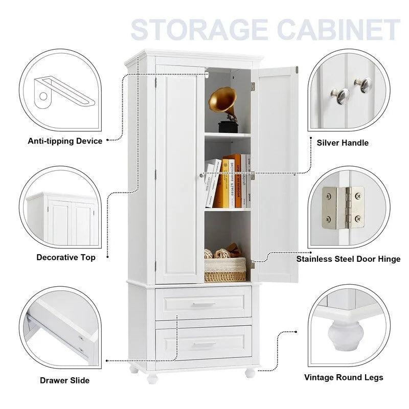 Tall Bathroom Storage Cabinet with Two Drawers and Two Doors