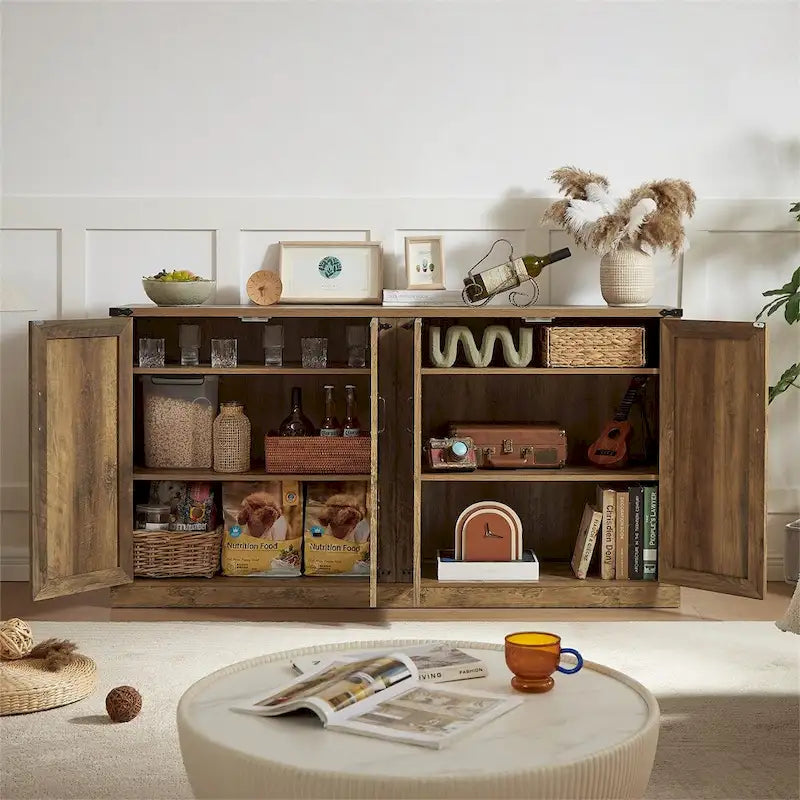 65-Inch Rustic Faux Rattan Sideboard,Barn Door Rustic Style Sideboard